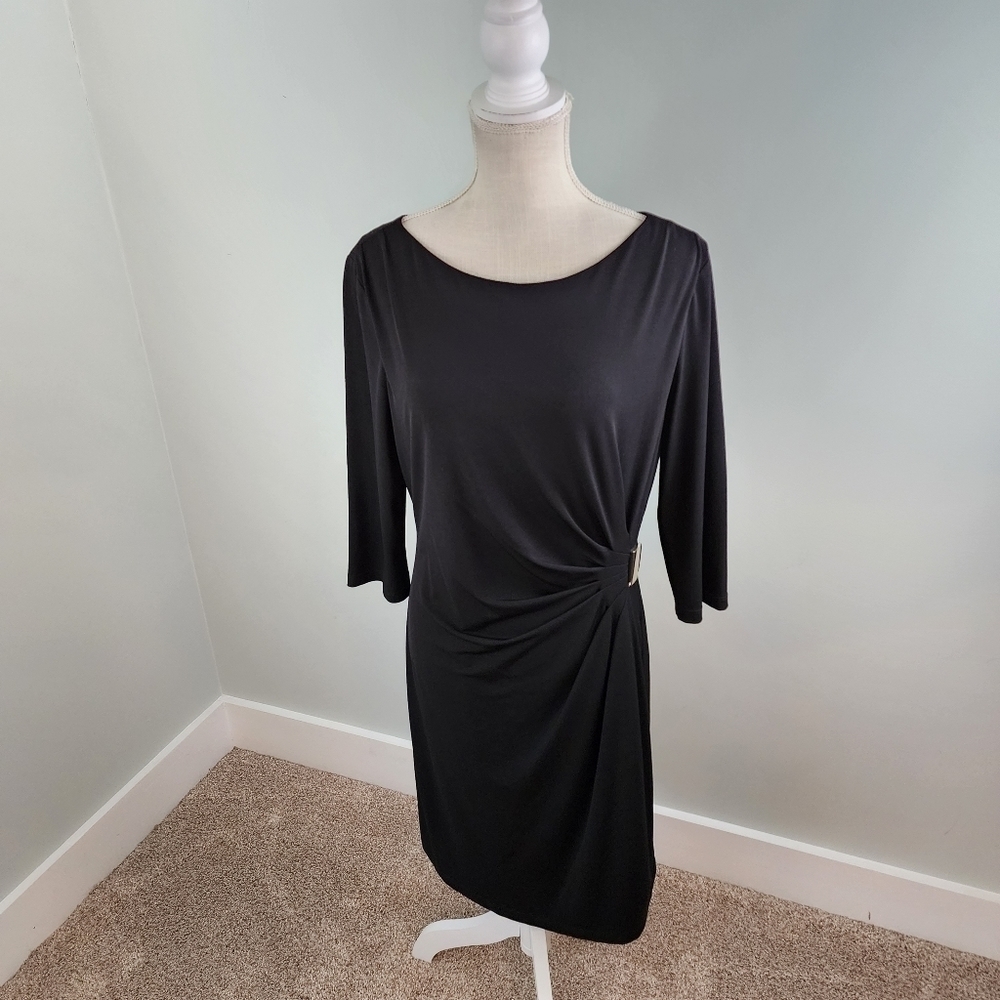 Laura Jeffries Ruched Wiggle Dress with Gold Buckle Detail Stretch Size 12 Black